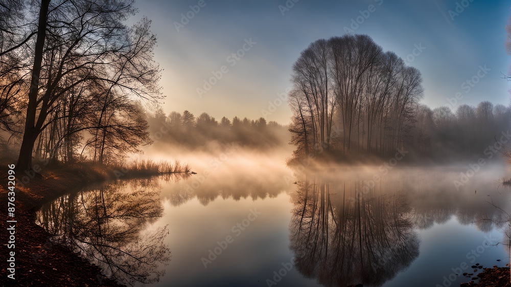 Early morning foggy lakeside, Generative AI Early morning foggy lakeside, Generative AI