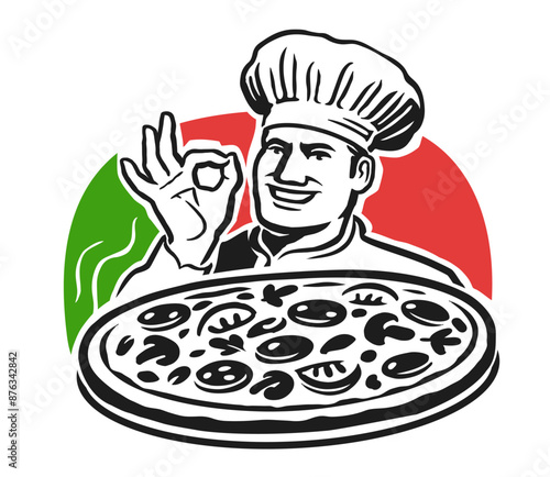 Emblem chef with pizza on background Italian flag. Pizzeria restaurant logo. Vector illustration
