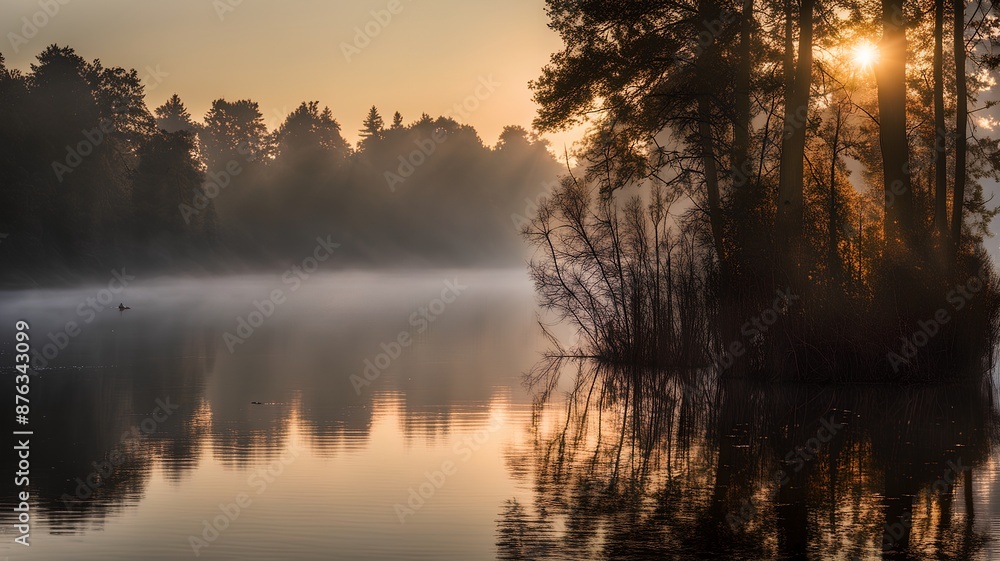 Early morning foggy lakeside, Generative AI Early morning foggy lakeside, Generative AI
