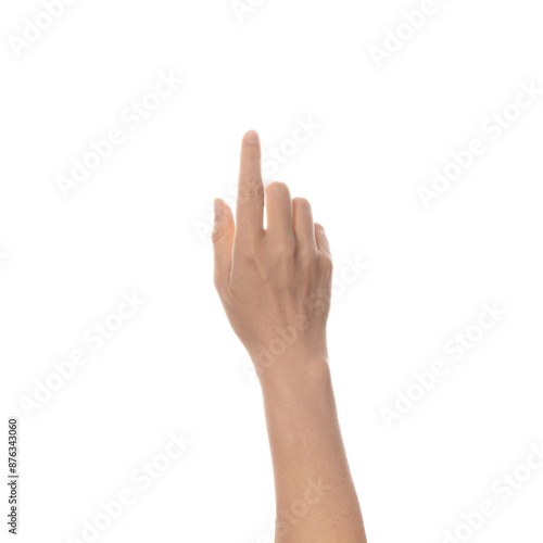 Hand touching or pointing at something. Closeup of hand isolated on white background.