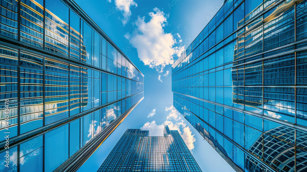 Surreal View of Modern Glass Skyscrapers Against Blue Sky Surreal View of Modern Glass Skyscrapers Against Blue Sky
