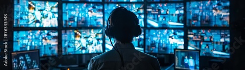 Security professional monitoring multiple surveillance screens in a dark control room