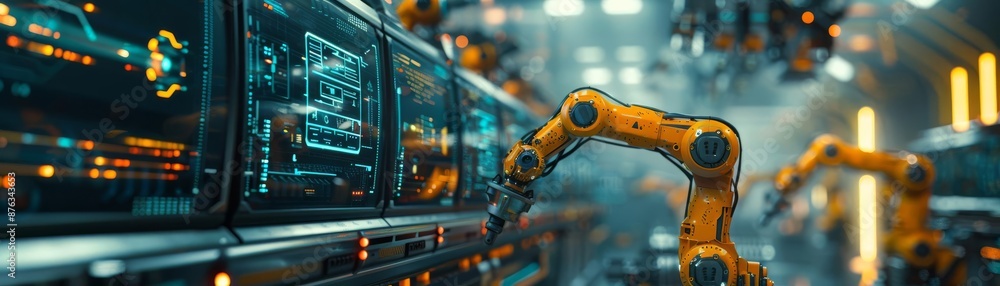 Robotic arms in a high tech manufacturing unit with holographic interface Robotic arms in a high tech manufacturing unit with holographic interface