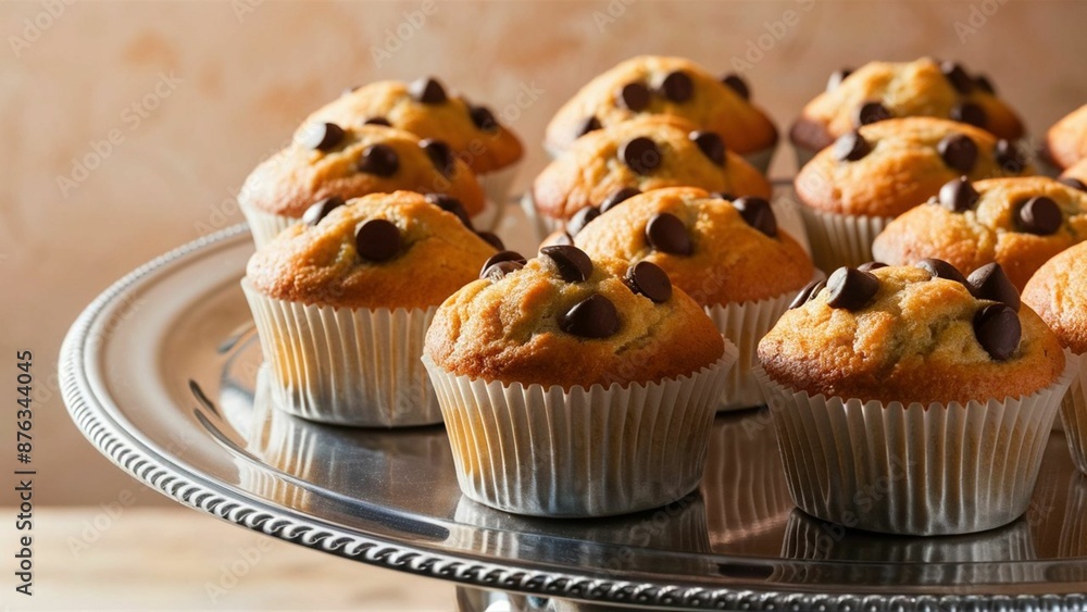 chocolate chip muffin on metal tray. chocolate chip muffin on metal tray.
