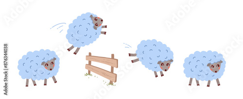 Sheeps jumping through fence. Sleeping time vector illustration.
