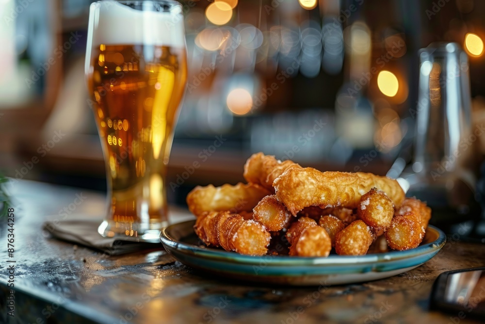 Cheese sticks on a plate, next to beer in a glass on the bar counter. Copy space for text. Concept: delicious meal, fast food, fried snack, advertising photo, for menu. Cheese sticks on a plate, next to beer in a glass on the bar counter. Copy space for text. Concept: delicious meal, fast food, fried snack, advertising photo, for menu.