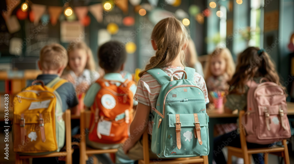 Children with Backpacks Sitting Together in Classroom Decorated for the Start of School Children with Backpacks Sitting Together in Classroom Decorated for the Start of School