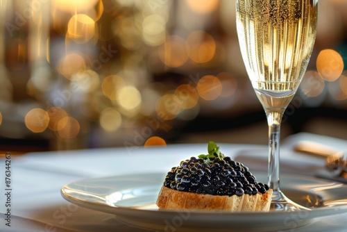 Bruschetta with black caviar on the white plate, next to a glass of champagne. Golden bokeh in the background. Concept: Appetizer dish, delicacy, expensive food, seafood, banner for new year