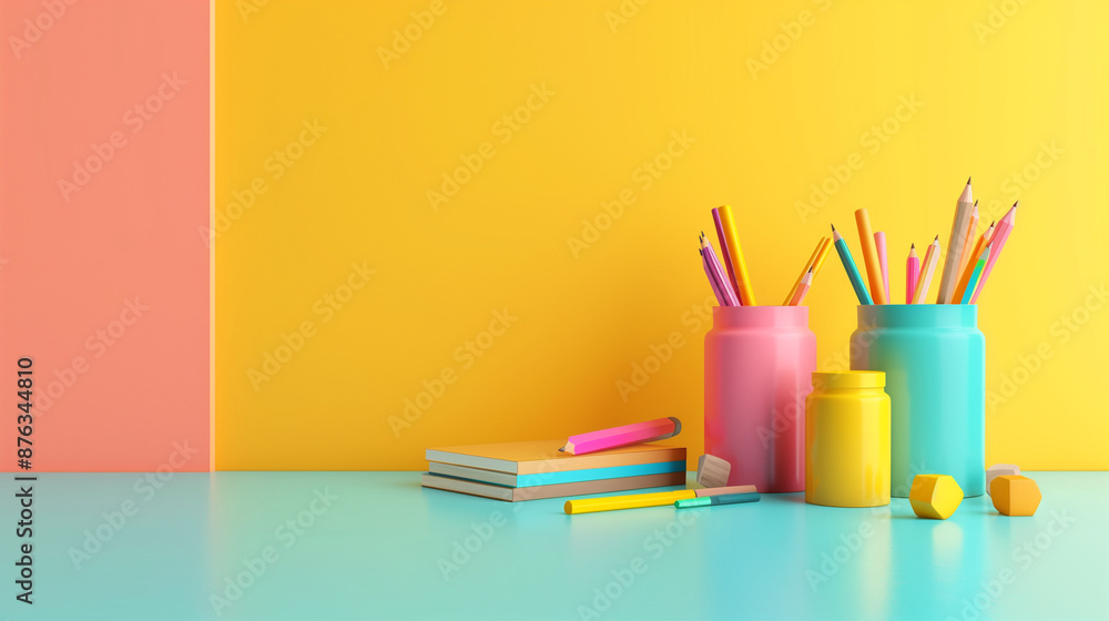 Fototapeta premium Back to school colorful background. School supplies, book, colored pencils for school learning. Concept of education and creativity. 3D