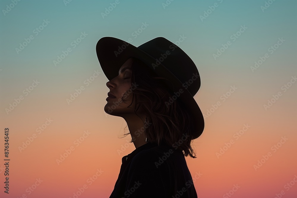 Stylish Woman in Wide-Brimmed Hat Against a Serene Sunset Sky, Elegance and Tranquility Stylish Woman in Wide-Brimmed Hat Against a Serene Sunset Sky, Elegance and Tranquility
