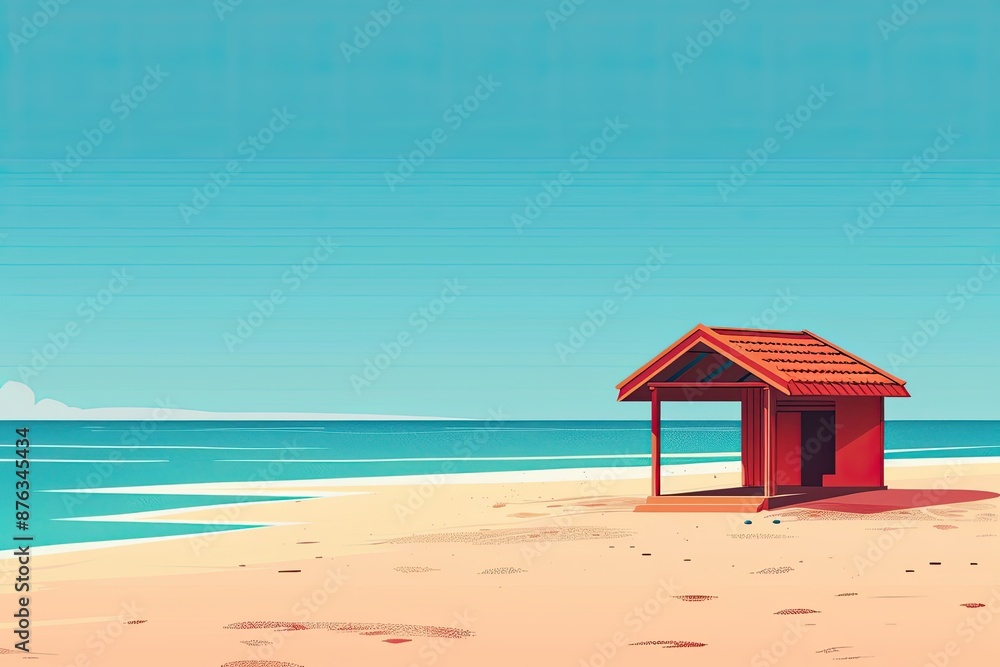 Serene Beach Cabana - Minimalist Illustration of Tranquil Oasis with Clear Blue Sky, Perfect for Vacation Concepts or Posters Serene Beach Cabana - Minimalist Illustration of Tranquil Oasis with Clear Blue Sky, Perfect for Vacation Concepts or Posters