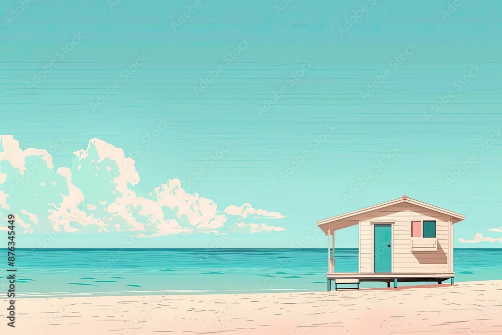 Serene Beach Cabana Under Clear Blue Sky - Minimalist Vacation Art Serene Beach Cabana Under Clear Blue Sky - Minimalist Vacation Art