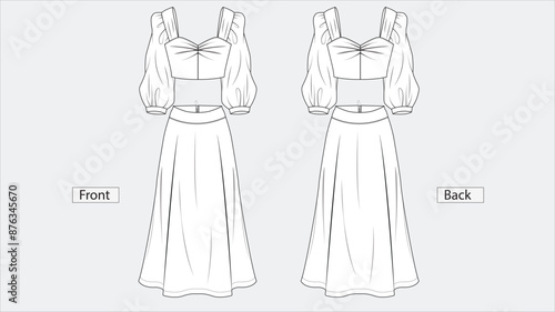 Technical drawing of a women's dress with long sleeves top and long skirt. Sketch of girls dress with sleeves, front and back view. Outline drawing of simple woman's dress on white background.