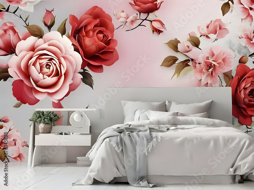 3d floral mural wallpaper with red, rose simple floral painting light gray background. drawing modern flowers for interior bedroom decor