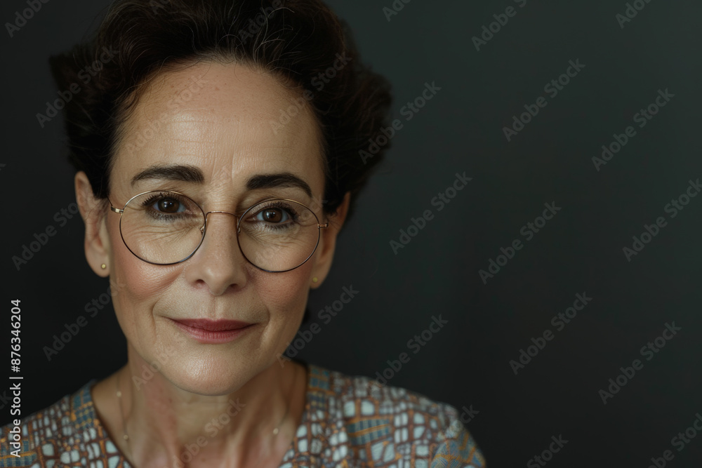 Close-up portrait of a middle aged woman of Middle Eastern descent, studio photo, against a sleek gray studio backdrop Close-up portrait of a middle aged woman of Middle Eastern descent, studio photo, against a sleek gray studio backdrop