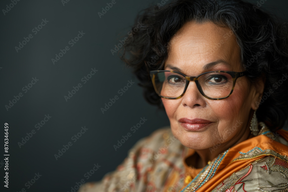 Fototapeta premium Close-up portrait of a middle aged woman of Middle Eastern descent, studio photo, against a sleek gray studio backdrop
