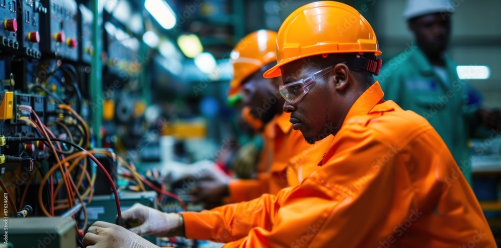 Three men in orange safety gear are working on a machine Three men in orange safety gear are working on a machine