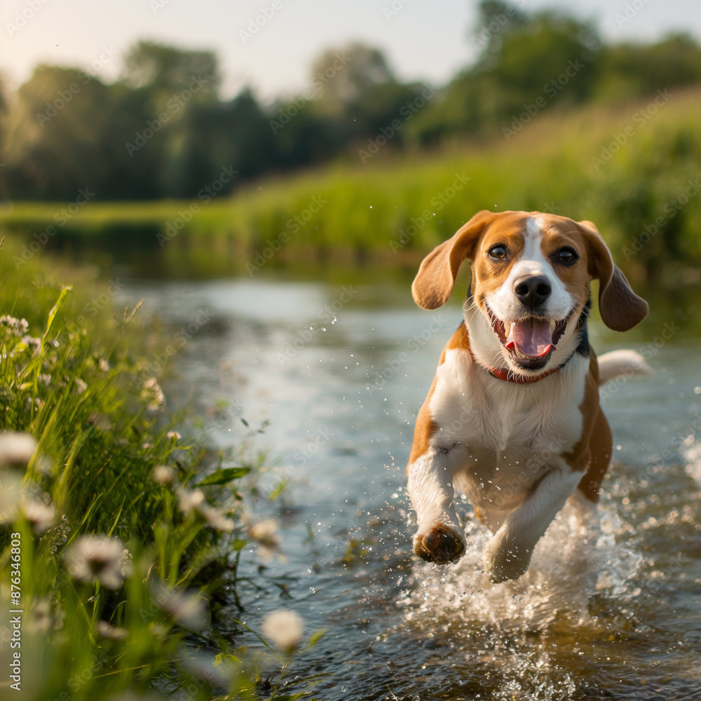a dog running in the river, happy dog a dog running in the river, happy dog