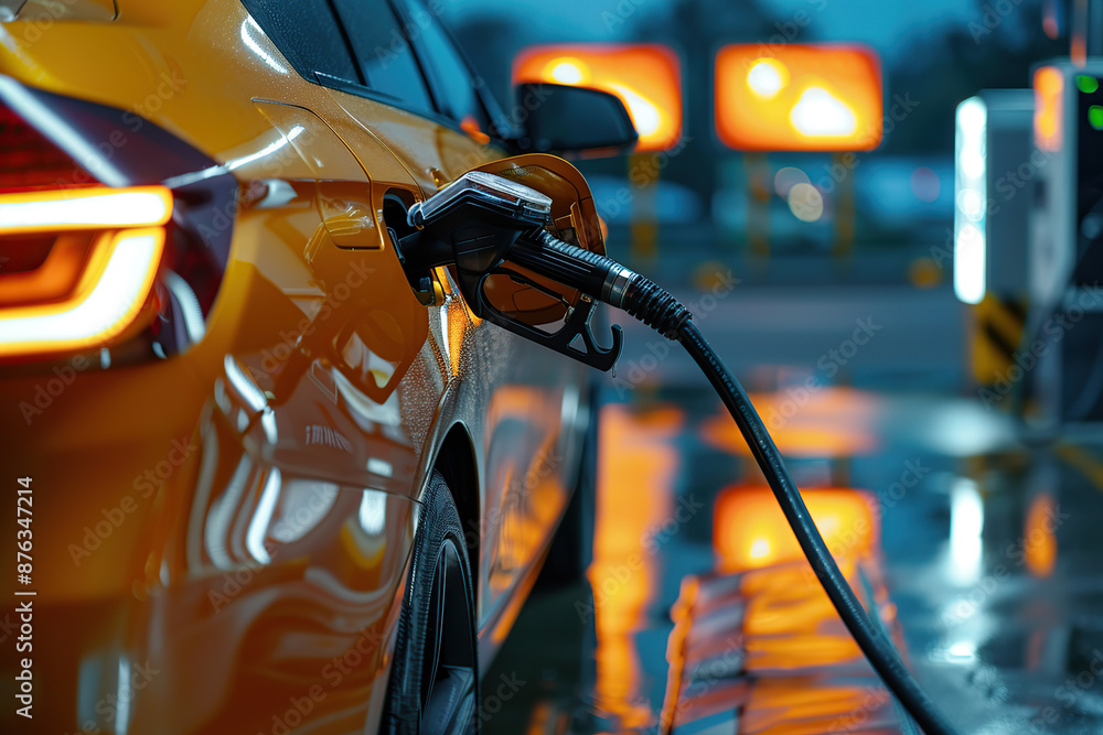 Human hand fueling gasoline fuel in a car at gas station Human hand fueling gasoline fuel in a car at gas station