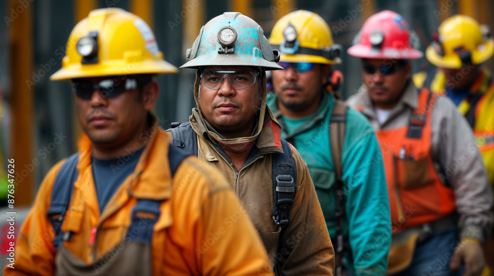Construction workers in safety gear including hard hats and protective glasses walking in line at an industrial site, showcasing diversity, teamwork, and focus on safety Construction workers in safety gear including hard hats and protective glasses walking in line at an industrial site, showcasing diversity, teamwork, and focus on safety