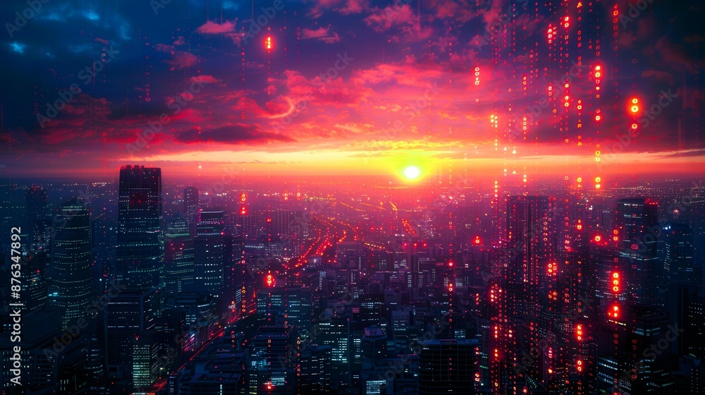 Futuristic cityscape at sunset with neon lights and skyscrapers, depicting a vibrant urban environment and digital technology influence. Futuristic cityscape at sunset with neon lights and skyscrapers, depicting a vibrant urban environment and digital technology influence.