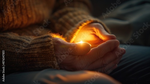 Close-up of hands holding a tiny glowing light, wrapped in a warm sweater, suggesting a cozy, warm atmosphere.