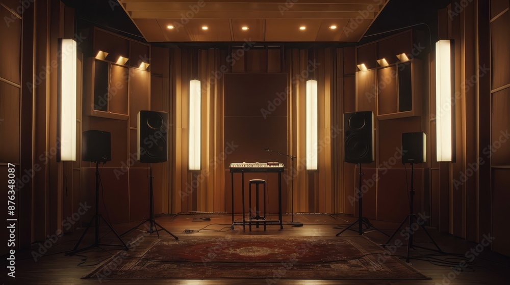 Naklejka premium Recording studio setup with a focus on audio equipment, including a keyboard, speakers, and studio monitors, set against a backdrop of wooden panels and ambient lighting