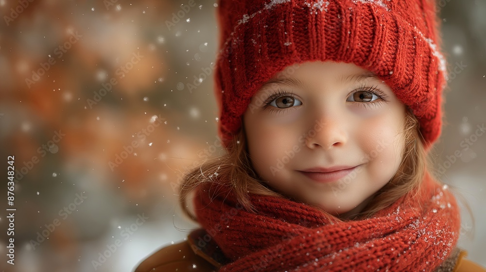 Portrait of Happy Girl in Red Winter Hat and Scarf, Perfect for Winter and Holiday Themes