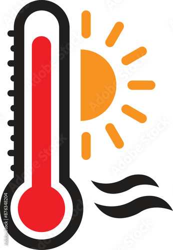 Heatwave icon, climate change, global warming icon, Thermometer icon with sun.