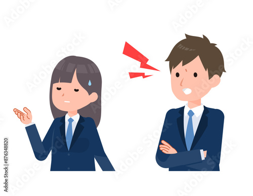 紺色のブレザーを着た学生男女。彼は彼女を激しく問い詰める。
