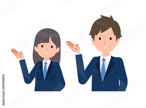 紺色のブレザーを着た学生男女。案内および紹介をしているポーズ。