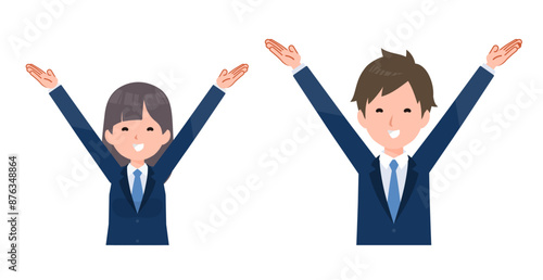 紺色のブレザーを着た学生男女。万歳のポーズ。