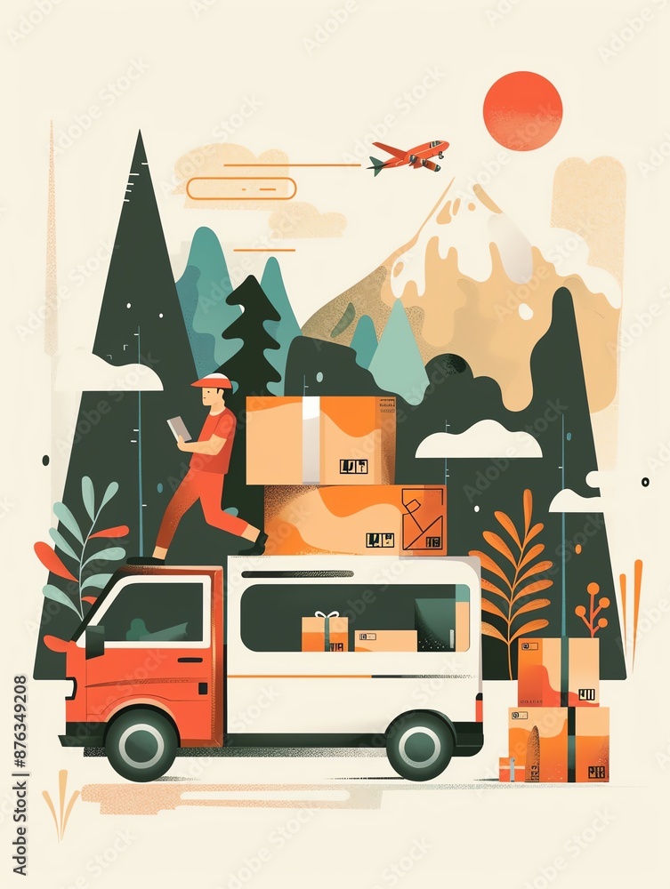 Obraz premium Delivery truck with mountains, plane, and delivery person on top with boxes.
