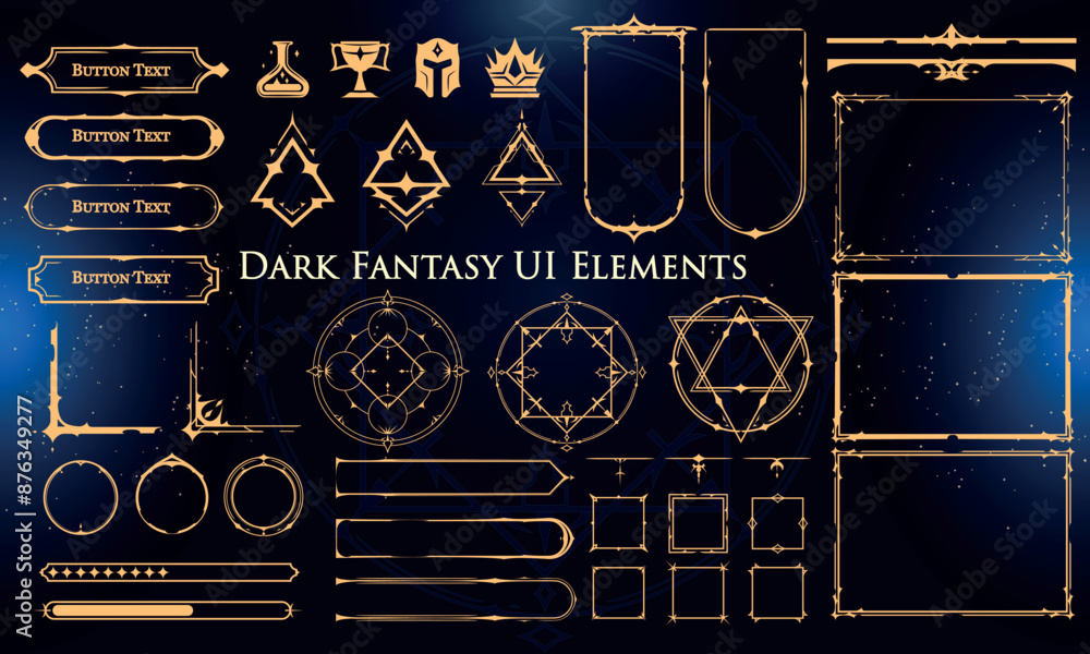Set of Dark Fantasy Elements for user interface, poster, video. Fantasy magic HUD. Template for rpg game interface. Vector Illustration EPS10