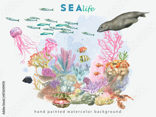 hand painted watercolor sea life background