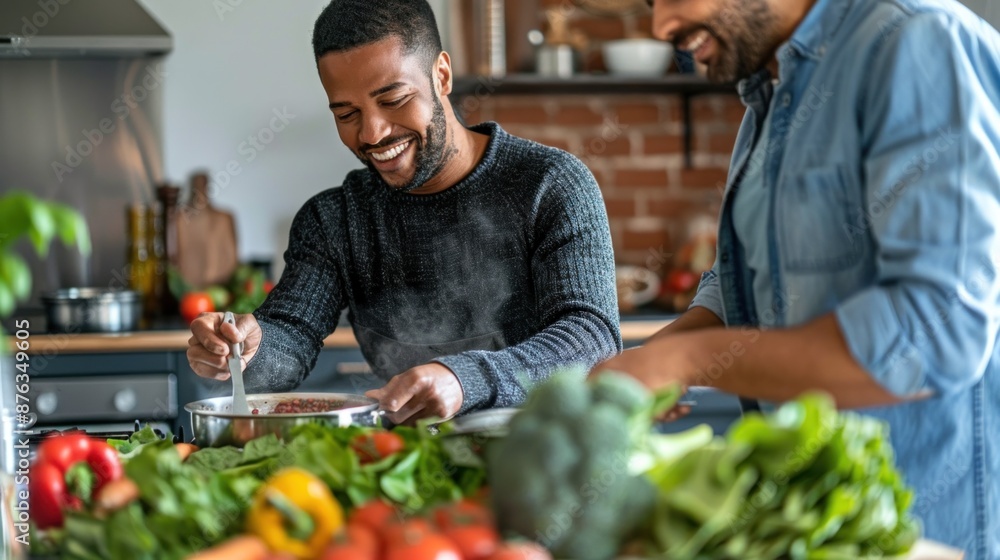 Two men are laughing and cooking together in a kitchen. They are making a vegetable soup and are enjoying each other's company