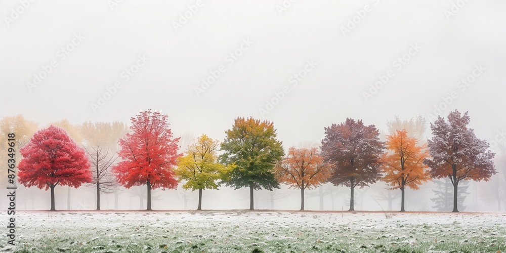 Naklejka premium Four Seasons in a Single Frame: A Row of Trees Transitioning Through the Year Wallpaper