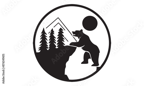 A silhouette of a bear standing on its hind legs at the edge of a mountain cliff, with a full moon in the background