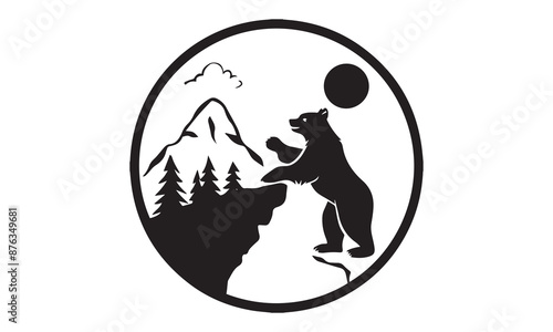 A silhouette of a bear standing on its hind legs at the edge of a mountain cliff, with a full moon in the background