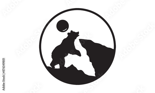 A silhouette of a bear standing on its hind legs at the edge of a mountain cliff, with a full moon in the background