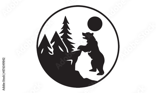 A silhouette of a bear standing on its hind legs at the edge of a mountain cliff, with a full moon in the background