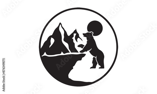 A silhouette of a bear standing on its hind legs at the edge of a mountain cliff, with a full moon in the background