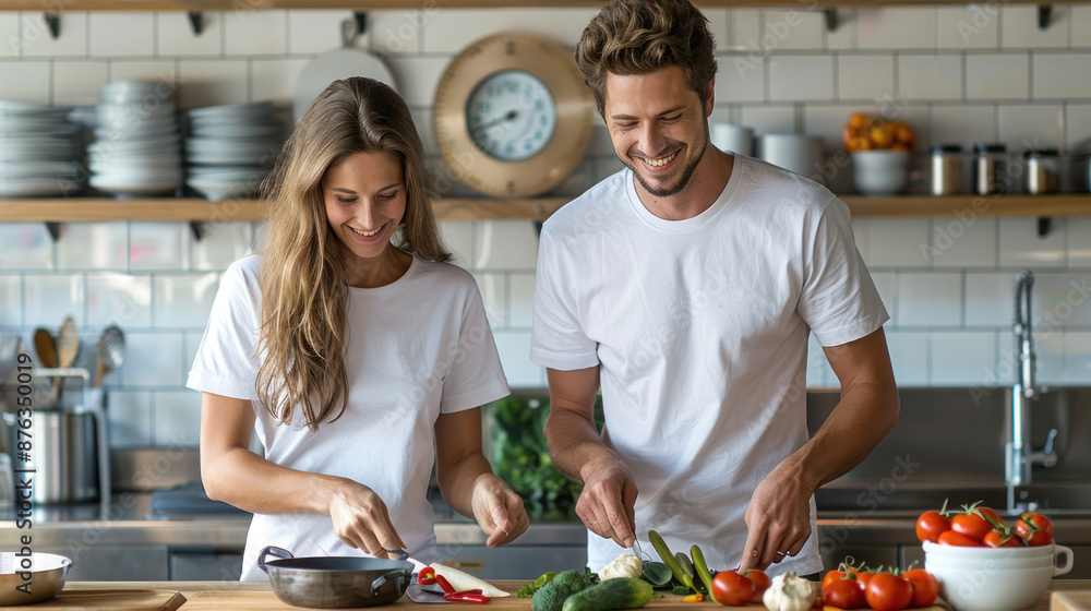 A man and woman are smiling and preparing food together in a kitchen. The woman is cutting vegetables while the man is standing next to her. The kitchen is well-equipped with various utensils A man and woman are smiling and preparing food together in a kitchen. The woman is cutting vegetables while the man is standing next to her. The kitchen is well-equipped with various utensils