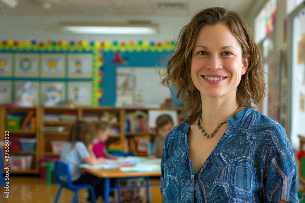 Friendly and Approachable Teacher Smiling in a Colorful Classroom with Students Friendly and Approachable Teacher Smiling in a Colorful Classroom with Students