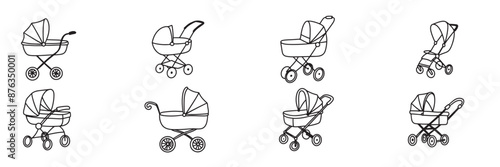 Collection stroller isolated in doodle style. Hand drawn vector art. 
