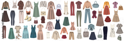 Collection of woman's clothes in flat style. Hand drawn vector art