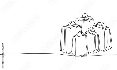 Bags hoping one line continuous. Line art shoping bags. Hand drawn vector art. 