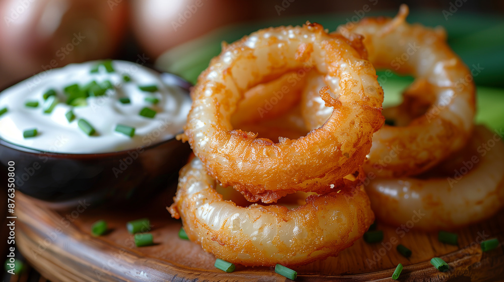 Fried onion rings with herbs and sauces. Fried onion rings with herbs and sauces.