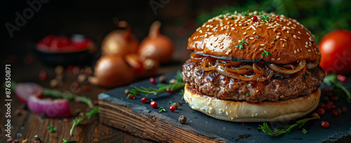 A big hamburger with caramelized onion on a wooden cutting board.