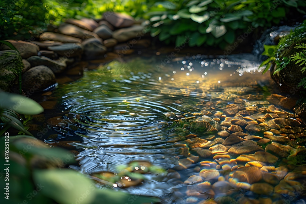 A clear stream meanders through the garden, reflecting the sunlight and the surrounding greenery A gentle breeze ripples the water, creating a calming, meditative atmosphere A clear stream meanders through the garden, reflecting the sunlight and the surrounding greenery A gentle breeze ripples the water, creating a calming, meditative atmosphere